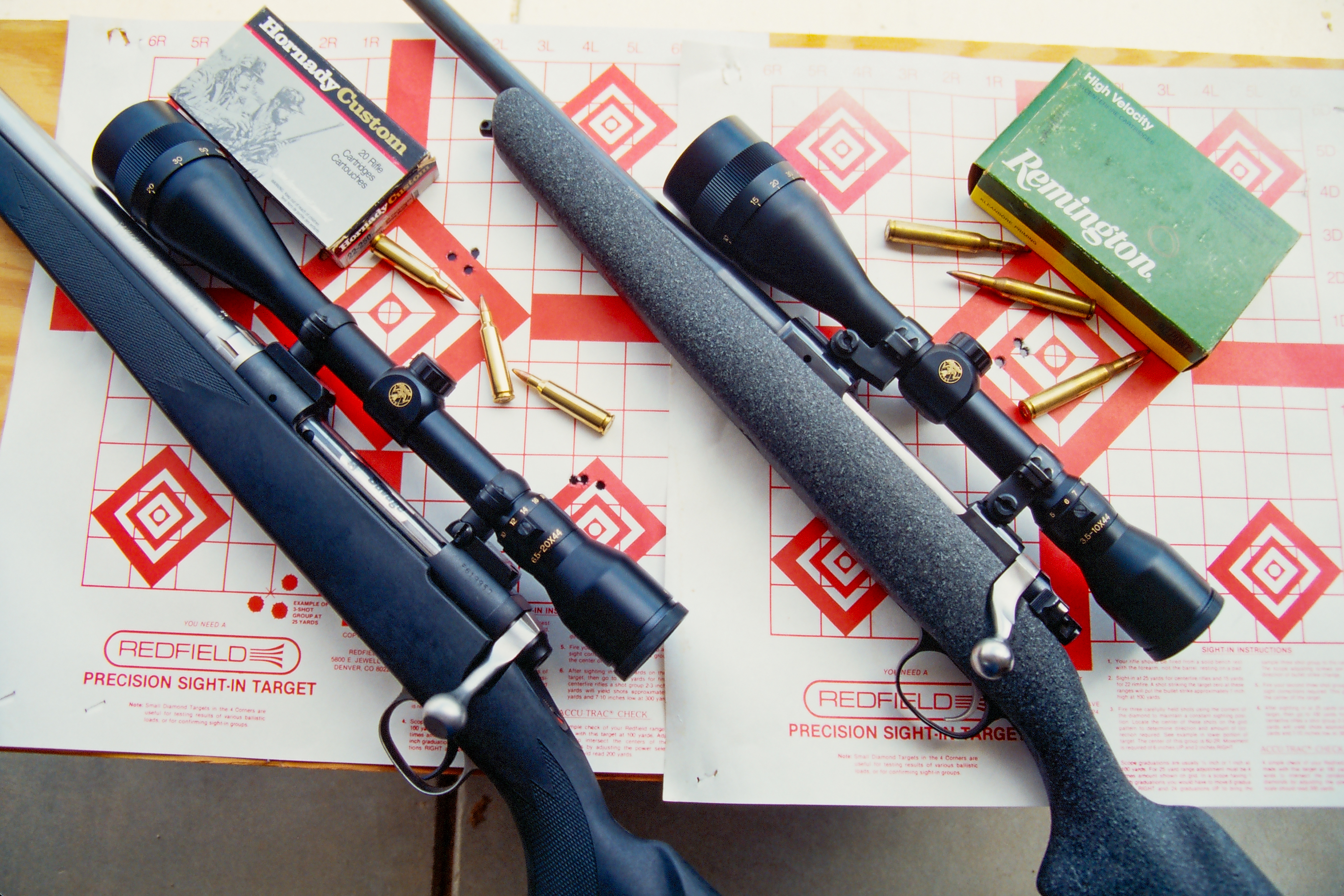 Left, a heavy-barreled .22-250; right, a .25-06. Both these rifles have the extreme accuracy needed for long-range varminting. A .25-06 with light bullets is probably the most powerful cartridge that makes sense for varminting. Above .22, a primary drawback is too much recoil.